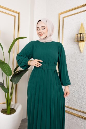 Kemerli Pliseli Tesettür Elbise-3042 Zümrüt yeşili - 3