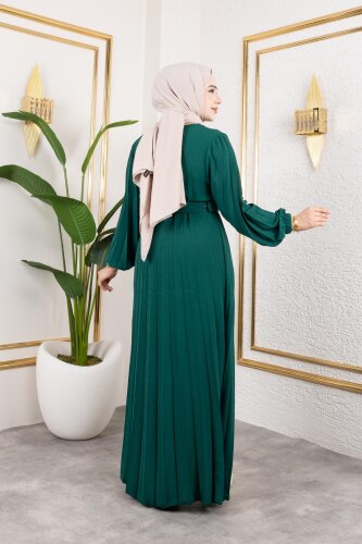 Kemerli Pliseli Tesettür Elbise-3042 Zümrüt yeşili - 7