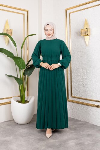 Kemerli Pliseli Tesettür Elbise-3042 Zümrüt yeşili - 4