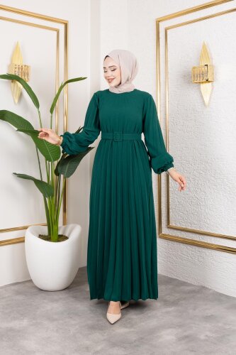 Kemerli Pliseli Tesettür Elbise-3042 Zümrüt yeşili - 5