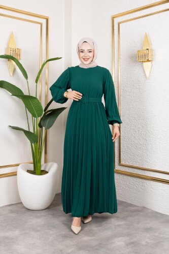 Kemerli Pliseli Tesettür Elbise-3042 Zümrüt yeşili - 6