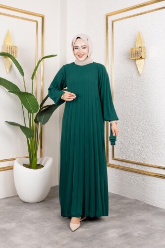 Kemerli Pliseli Tesettür Elbise-3042 Zümrüt yeşili - Modaebva (1)