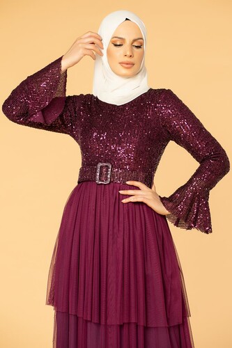 Modaebva - Kemerli Pulpayet Detaylı Tesettür Abiye-1020 Mürdüm (1)