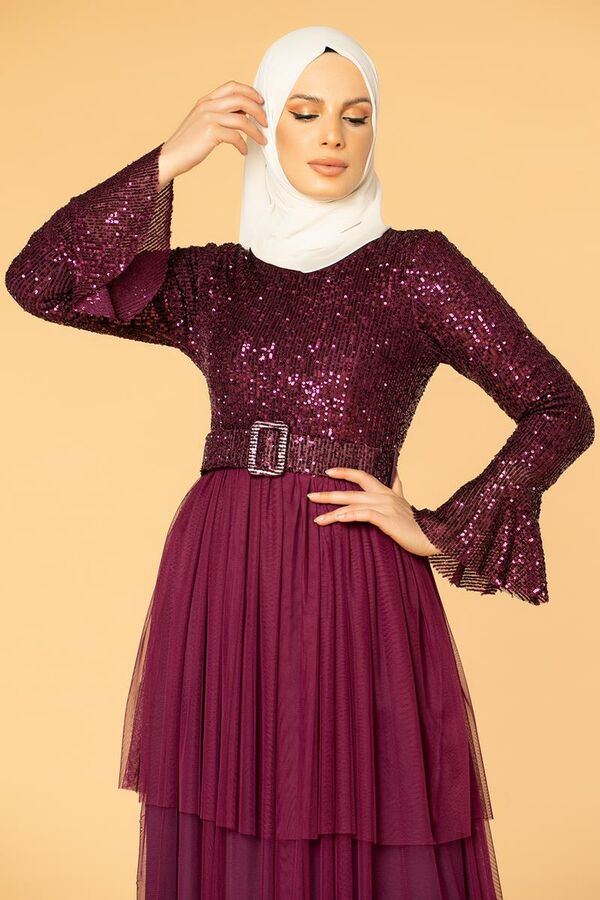 Kemerli Pulpayet Detaylı Tesettür Abiye-1020 Mürdüm - 2
