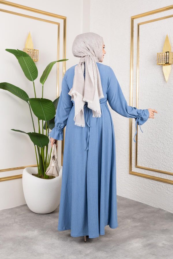 Kol Büzgülü Gül Detaylı Elbise-5030 Bebe mavisi