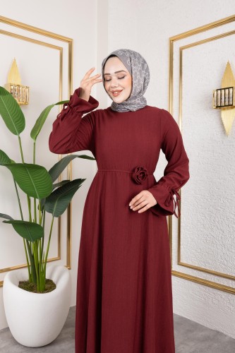 Kol Büzgülü Gül Detaylı Elbise-5030 Bordo - Thumbnail