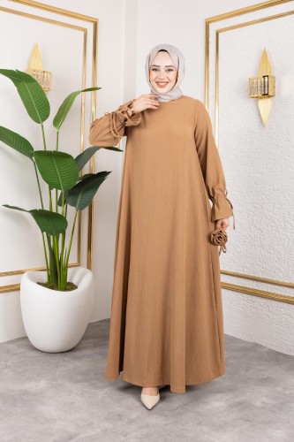 Modaebva - Kol Büzgülü Gül Detaylı Elbise-5030 Latte (1)
