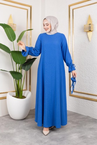 Modaebva - Kol Büzgülü Gül Detaylı Elbise-5030 Saks mavisi (1)