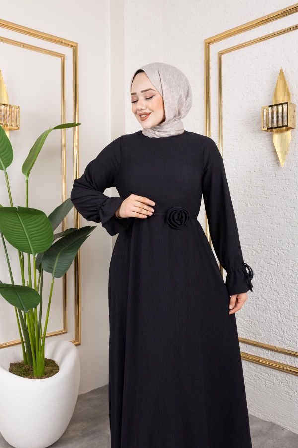 Kol Büzgülü Gül Detaylı Elbise-5030 Siyah