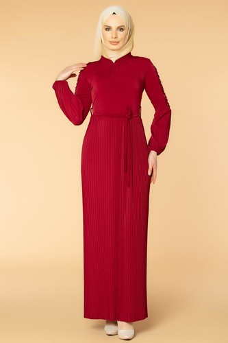 Kol İnci Ve Güpür Detay Sandy Elbise-1734 Bordo - Thumbnail