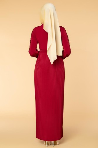 Kol İnci Ve Güpür Detay Sandy Elbise-1734 Bordo - Thumbnail