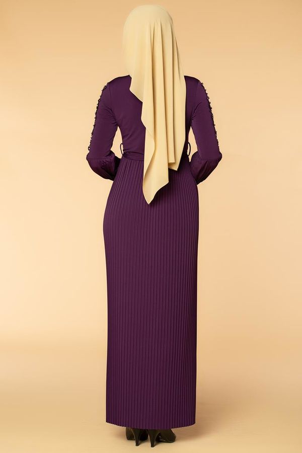 Kol İnci Ve Güpür Detay Sandy Elbise-1734 mor