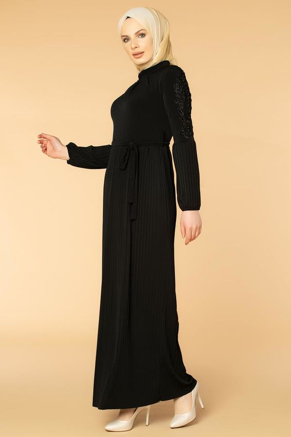 Kol İnci Ve Güpür Detay Sandy Elbise-1734 Siyah