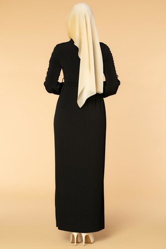 Kol İnci Ve Güpür Detay Sandy Elbise-1734 Siyah - Thumbnail