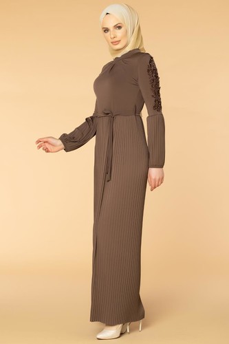Kol İnci Ve Güpür Detay Sandy Elbise-1734 Vizon - Thumbnail