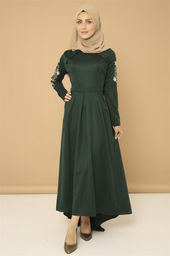 Kol Nakış İşlemeli Elbise-3495Zümrüt yeşili - Thumbnail