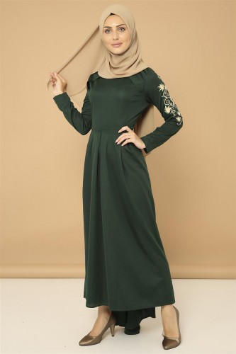 Kol Nakış İşlemeli Elbise-3495Zümrüt yeşili - Thumbnail