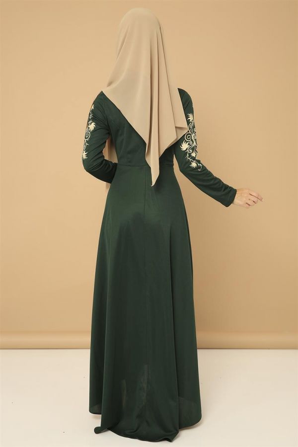 Kol Nakış İşlemeli Elbise-3495Zümrüt yeşili