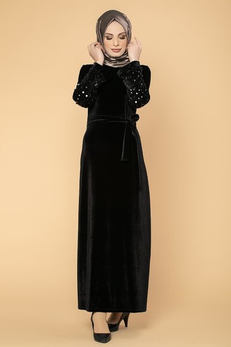 Kol Pul Payetli Kemerli Kadife Elbise-2004 Siyah - Thumbnail
