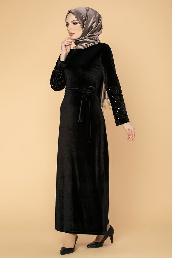 Kol Pul Payetli Kemerli Kadife Elbise-2004 Siyah