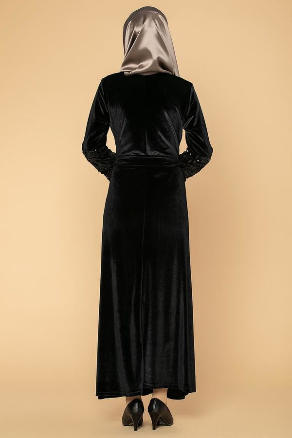 Kol Pul Payetli Kemerli Kadife Elbise-2004 Siyah