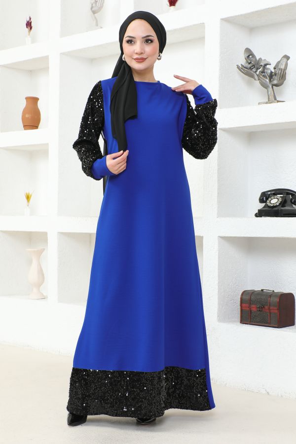 Kol Ve Etek Ucu Pulpayetli Tesettür Elbise-3181 Saks mavisi