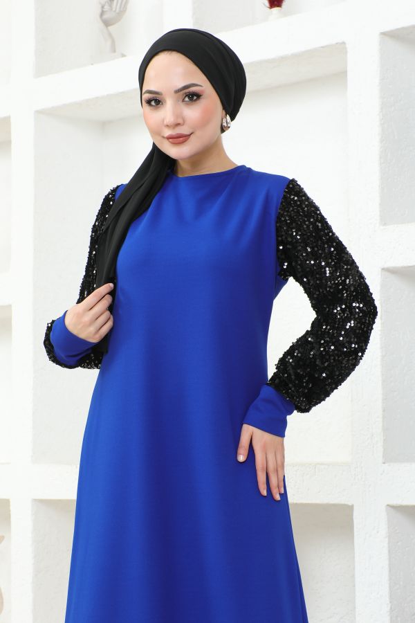 Kol Ve Etek Ucu Pulpayetli Tesettür Elbise-3181 Saks mavisi