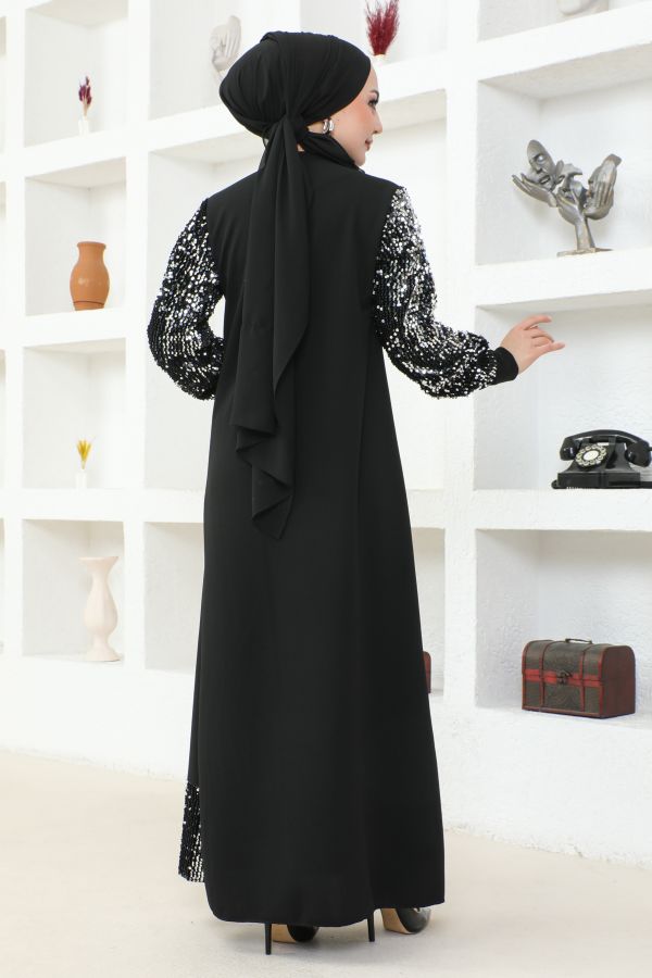 Kol Ve Etek Ucu Pulpayetli Tesettür Elbise-3181 Siyah