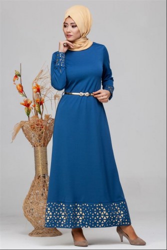 Kol Ve Etek Ucu Varak İşlemeli Tesettür Elbise-4001 Mavi - Thumbnail