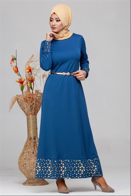 Kol Ve Etek Ucu Varak İşlemeli Tesettür Elbise-4001 Mavi