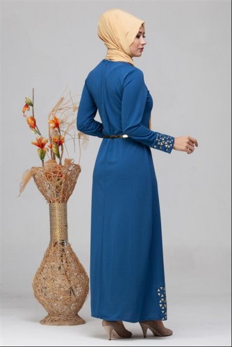 Kol Ve Etek Ucu Varak İşlemeli Tesettür Elbise-4001 Mavi - Thumbnail