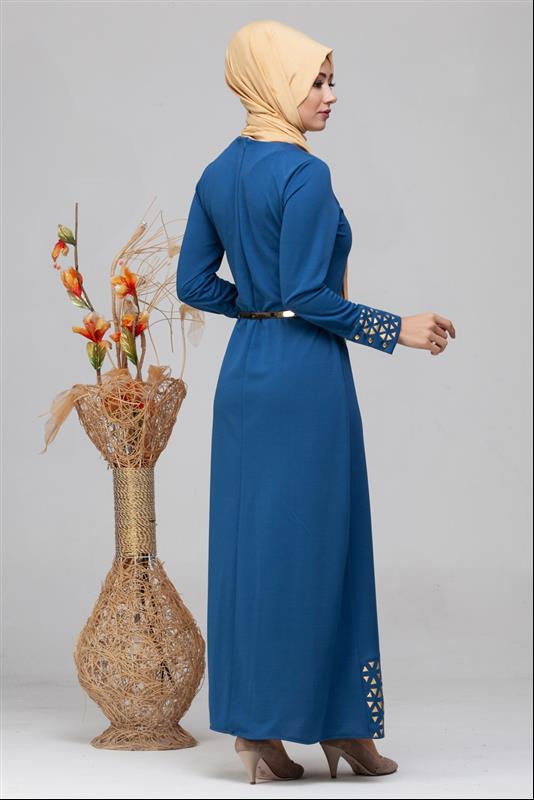 Kol Ve Etek Ucu Varak İşlemeli Tesettür Elbise-4001 Mavi