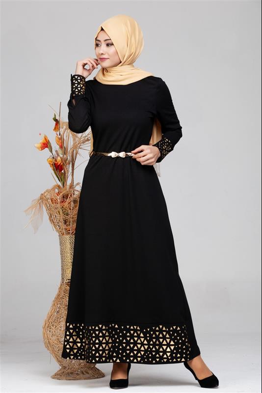 Kol Ve Etek Ucu Varak İşlemeli Tesettür Elbise-4001 Siyah