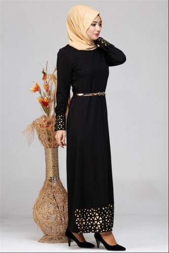 Kol Ve Etek Ucu Varak İşlemeli Tesettür Elbise-4001 Siyah - Thumbnail