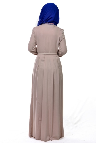 Kol Ve Göğüs Nakış İşlemeli Elbise bej-3318 - Thumbnail
