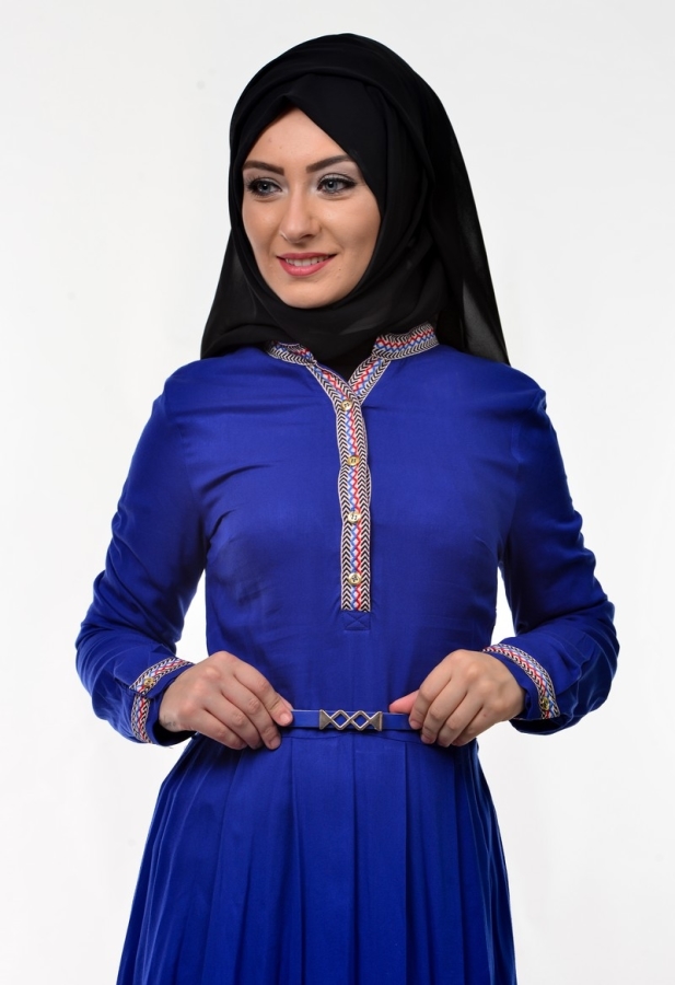 Kol Ve Göğüs Nakış İşlemeli Elbise Saks Mavisi-3318
