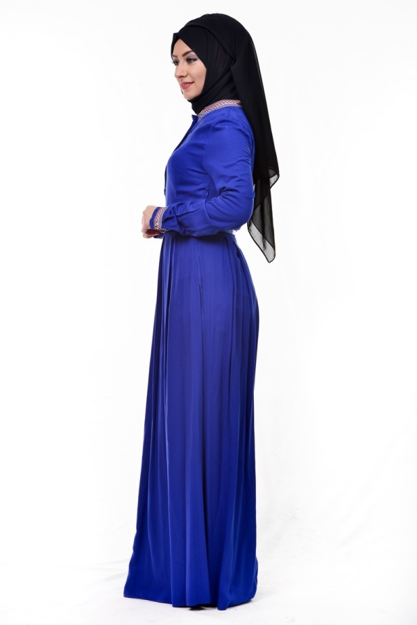 Kol Ve Göğüs Nakış İşlemeli Elbise Saks Mavisi-3318