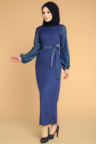 Kol Ve Kemer Sim Detay Tesettür Elbise-3005 İndigo - Thumbnail