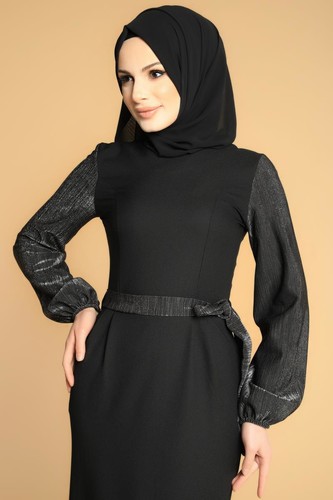 Kol Ve Kemer Sim Detay Tesettür Elbise-3005 Siyah - Thumbnail