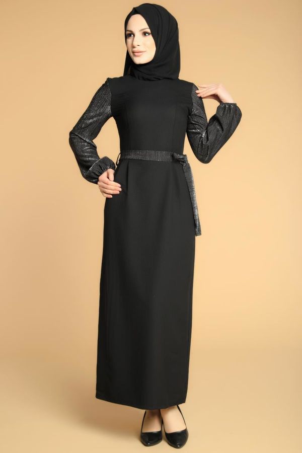Kol Ve Kemer Sim Detay Tesettür Elbise-3005 Siyah