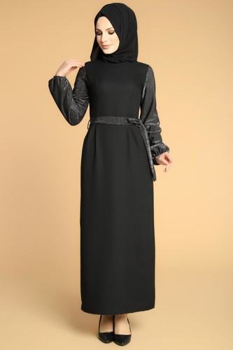 Kol Ve Kemer Sim Detay Tesettür Elbise-3005 Siyah - Thumbnail
