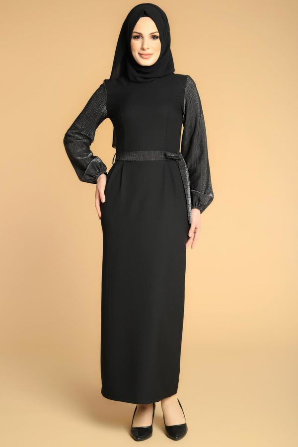 Kol Ve Kemer Sim Detay Tesettür Elbise-3005 Siyah