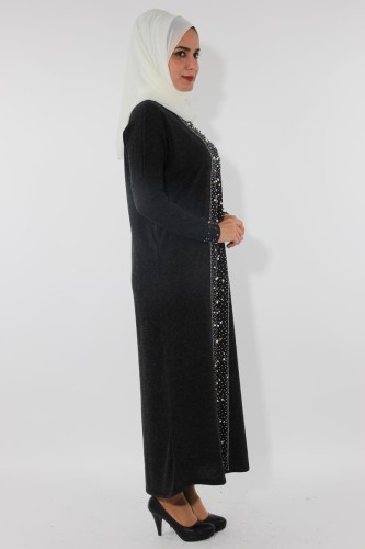 Kol ve Ön İnci Detay Triko elbise-Füme0575 - Thumbnail