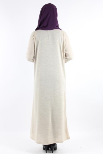 Kol ve Ön İnci Detay Triko elbise-Krem0575 - Thumbnail