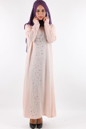 Kol ve Ön İnci Detay Triko elbise-Pudra0575 - Thumbnail