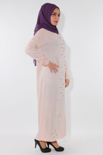 Kol ve Ön İnci Detay Triko elbise-Pudra0575 - Thumbnail