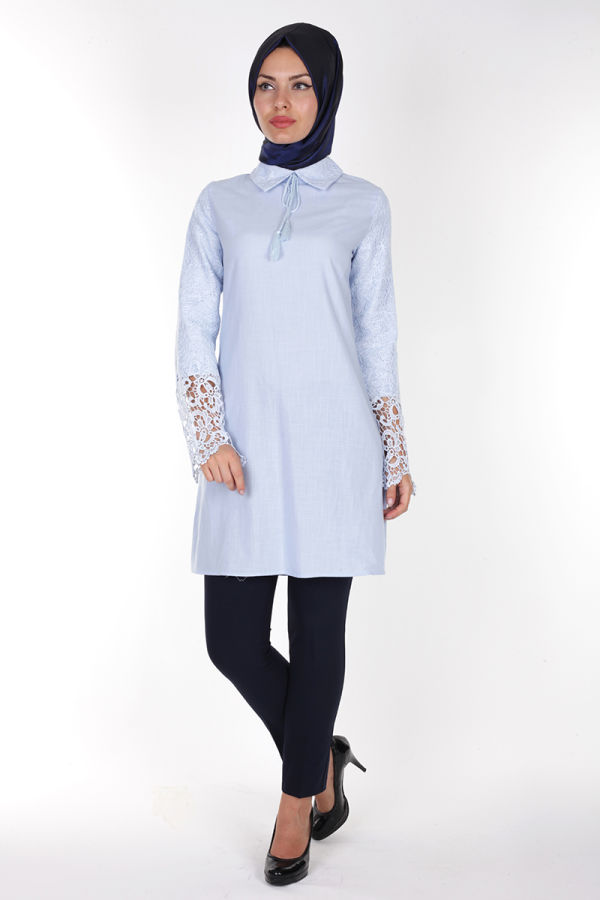 Kol ve Yaka Güpür Keten Tunik-17244 Mavi
