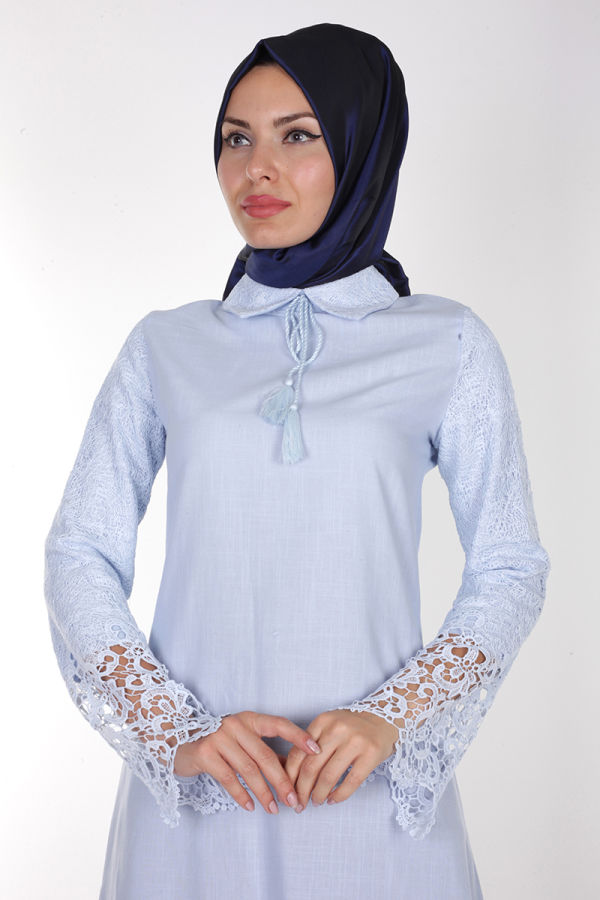 Kol ve Yaka Güpür Keten Tunik-17244 Mavi