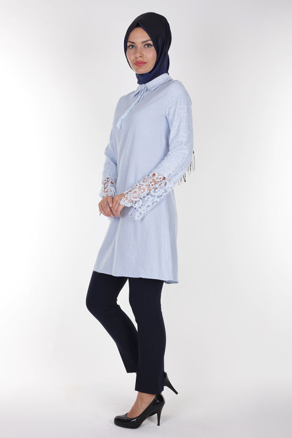 Kol ve Yaka Güpür Keten Tunik-17244 Mavi