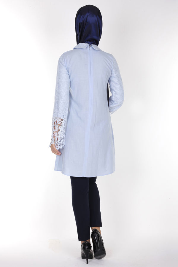Kol ve Yaka Güpür Keten Tunik-17244 Mavi